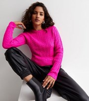 New Look Petite Bright Pink Cable Knit Crew Neck Jumper